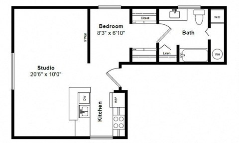 Floor plan for studio, 1 bath, 543 sqft